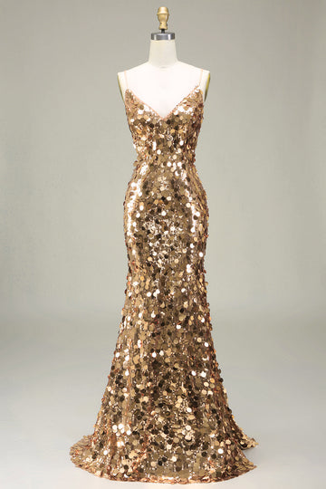 Sparkly Golden Mermaid Sequins Long Prom Dress With Slit